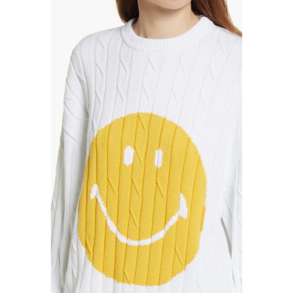 Joshua Sanders x Smiley Unisex Smile Chunky Cable Knit Sweater Crew Neck, White - Picture 3 of 14